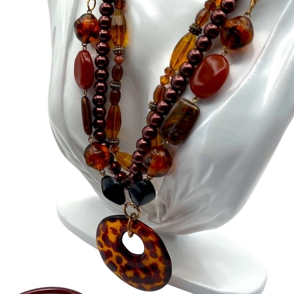 Vintage Multi-Layer Brown Beaded Necklace & Bangle Set  Boho Chic Amber N62 - Picture 2 of 6
